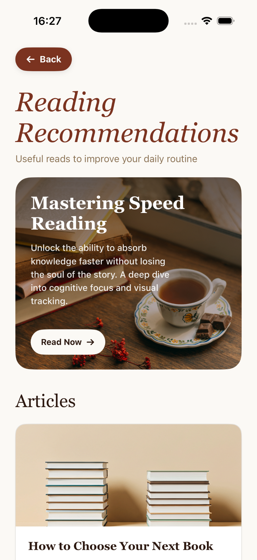 Reading recommendations screen